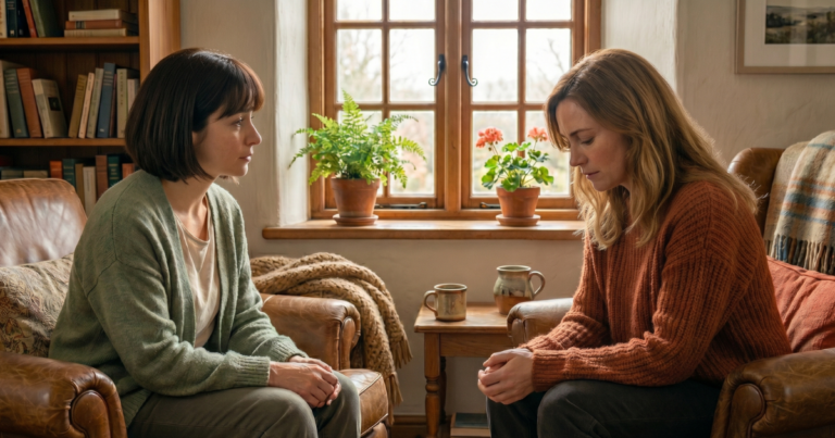 Two people sitting quietly together in a therapy setting, representing presence and emotional support.